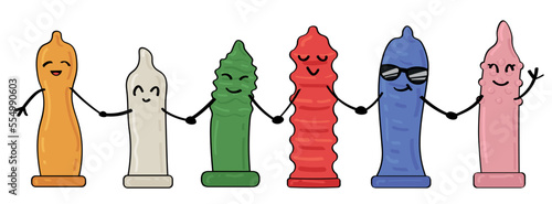 Many funny condoms holding hands on white background