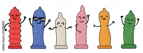 Many funny condoms on white background