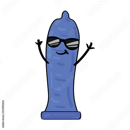 Cool blue condom with sunglasses on white background