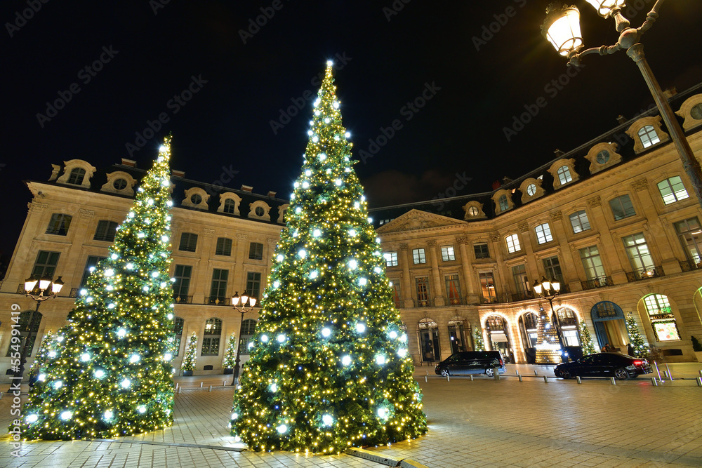 Paris, France. Christmas lights on Place Vendôme. December 12, 2022.