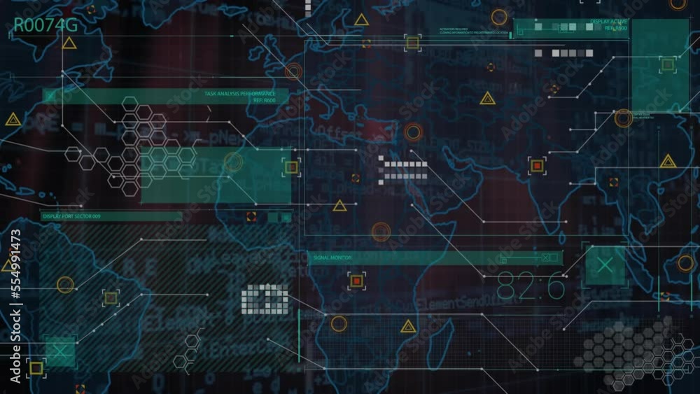 Animation of programming language over map, multiple shapes against black background Animation of programming language over map, multiple shapes against black background