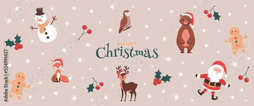 Merry Christmas greetings, cute animals background