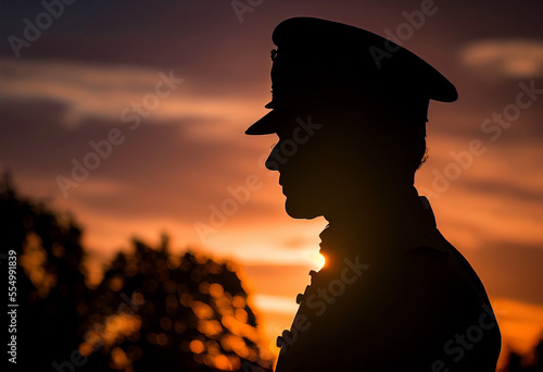 Silhouette of police or military officer against backdrop of sunset.