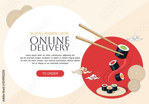 Online delivery sushi rolls banner with text