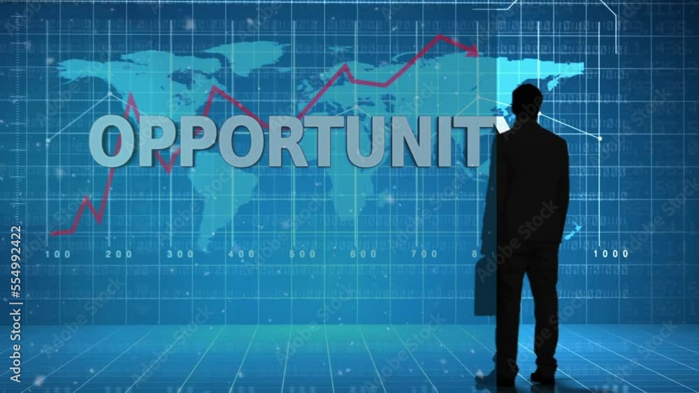 Animation of businessman over opportunity text and world map with data processing on blue background Animation of businessman over opportunity text and world map with data processing on blue background
