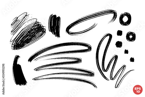 Grunge abstract artistic element set with scrawls, paint strokes and drawn circles. black color grunge shapes collection. Contemporary hand drawn clip art.
