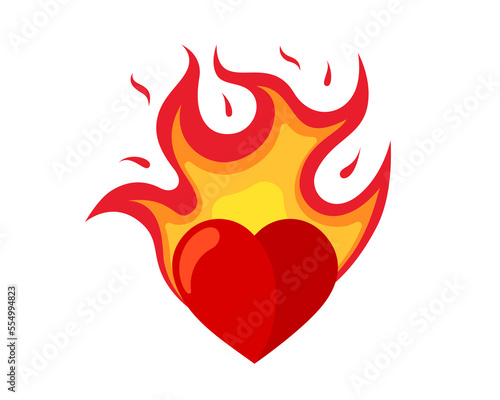 Red heart in fire icon. Flaming love symbol. Valentines day card. Burning sign for sticker or logo. Vector eps isolated illustration