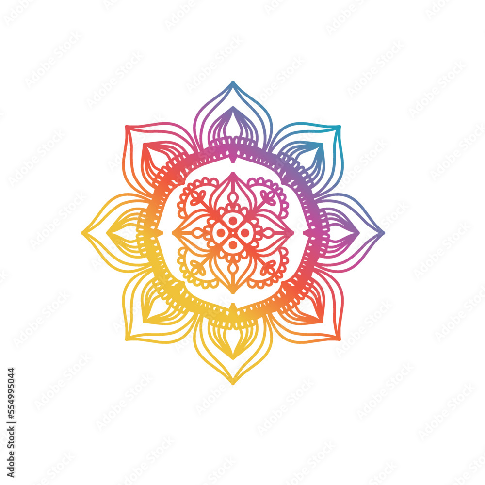 Obraz premium Round gradient mandala on white isolated background. Vector boho mandala in green and pink colors. Mandala with floral pattern. Yoga Templates