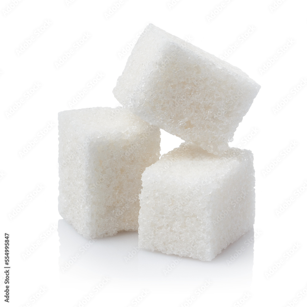 Close-up of three white sugar cubes, isolated on white background Close-up of three white sugar cubes, isolated on white background