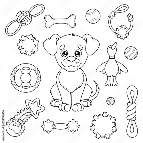 Set of contour dog toys. Games for puppy. Goods and accessories for pet shop. Coloring page for children with supplies for domestic animals. Vector isolated illustrations in cartoon style.