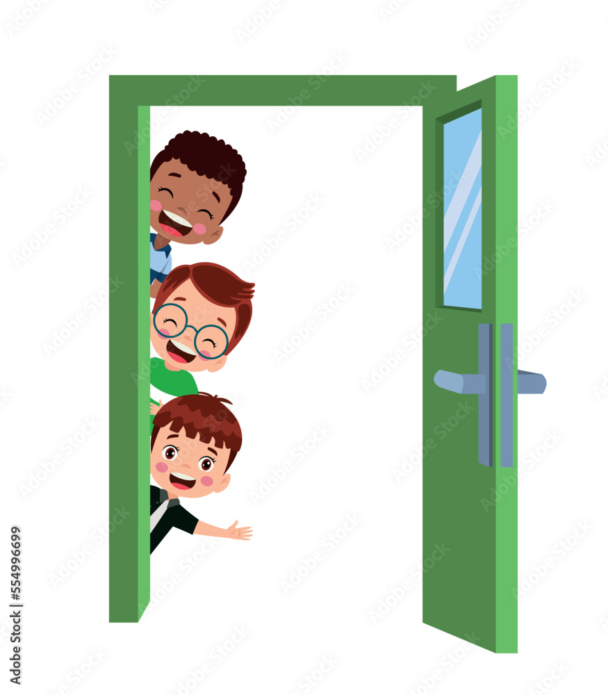 cute kids looking through the door