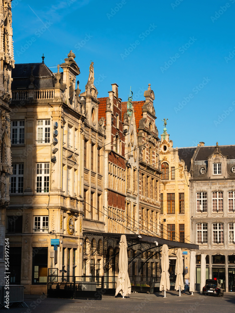 Grote markt of Leuven, Flemish Region of Belgium. View of typical Dutch buildings in daytime.