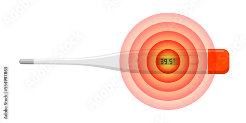 Electronic thermometer show elevated temperature unhealthy illness human. Digital medical measuring and showing fever 39.5 degrees. Disease concept. Vector eps isolated illustration