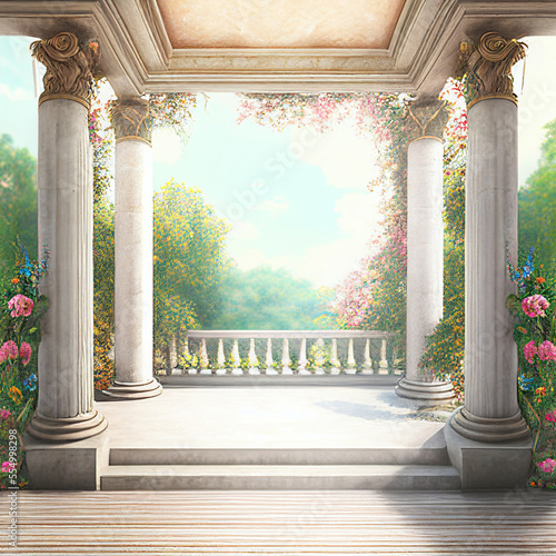 Wooden stage decorated with flowers, fantasy wedding podium digital illustration, Generative AI