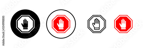 Stop icon vector illustration. stop road sign. hand stop sign and symbol. Do not enter stop red sign with hand