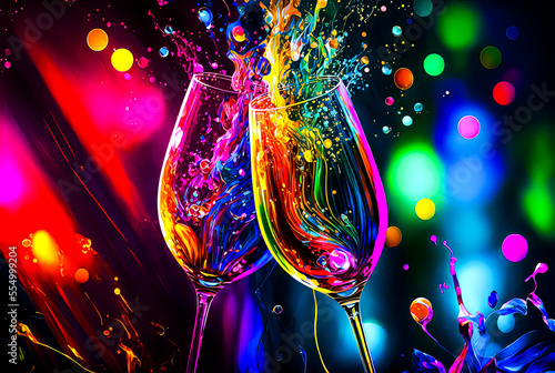 Happy new year 2023 lift your glasses Champaign toast with triadic color palate with copy space room for print. bright and colorful illustration for ringing in the new year photo