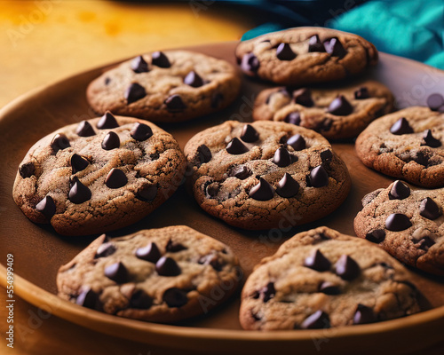food photography close up of a bowl of Chocolate-chip cookies sitting on top of a table - AI Generated