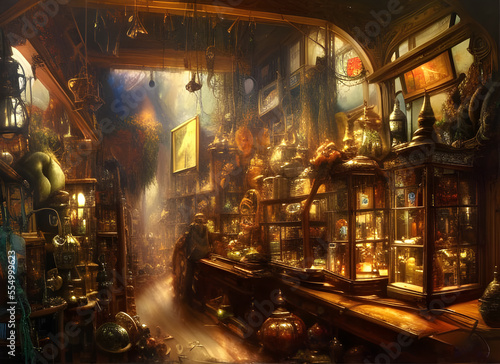 painting of the interior of an ancient antique shop cluttered with mysterious objects  and warm light  generative ai illustration