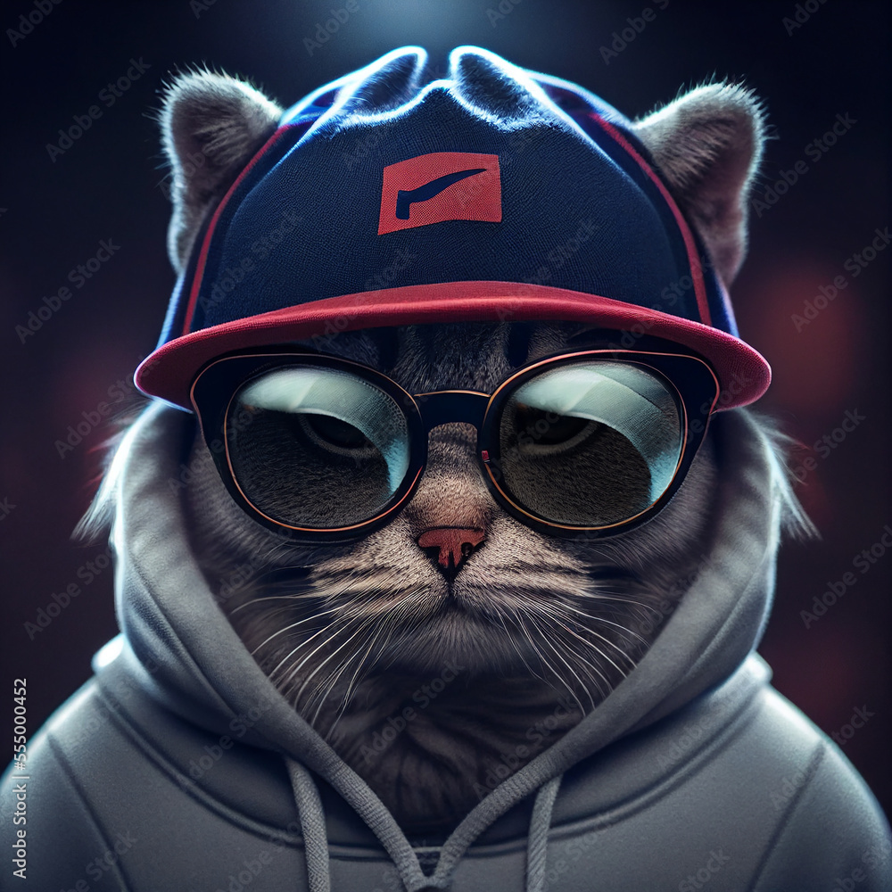 portrait of cat wearing hoodie and cap, generative ai Illustration Stock |  Adobe Stock