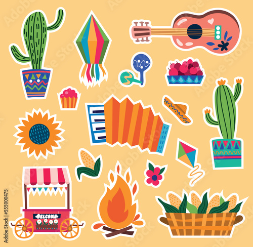 Festa Junina stickers. Set of graphic elements for website. Brazilian style and culture. Traditions and holidays. Cactus and campfire. Cartoon flat vector illustrations isolated on beeige background