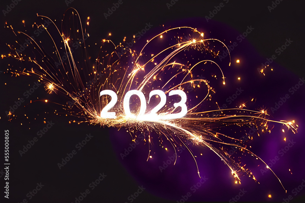 Obraz premium new year 2023 fireworks abstract sign on a dark purple background, Generative AI