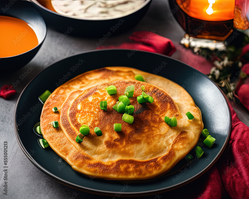 ood photography close up of Scallion Pancakes. sitting on top of a table - AI Generated
