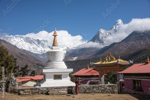 Ama Dablam behind Tengboche lodges, Everest region, Khumbu, Nepal