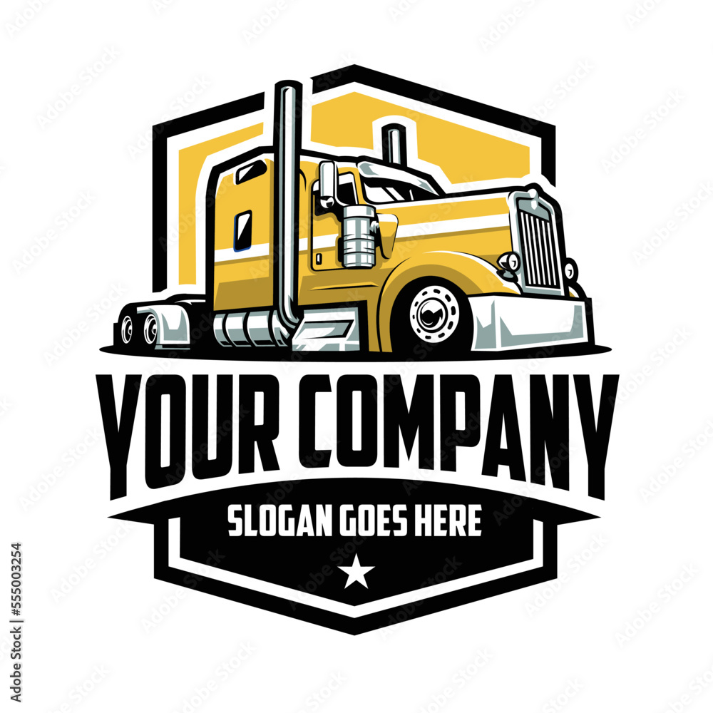 Trucking Company Emblem Badge Logo Vector Isolated. Yellow Semi Truck 18 Wheeler Truck Logo Trucking Company Emblem Badge Logo Vector Isolated. Yellow Semi Truck 18 Wheeler Truck Logo
