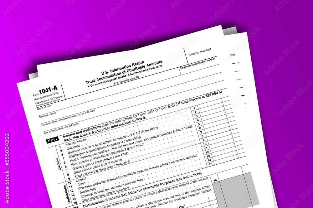 Form 1041-A documentation published IRS USA 43229. American tax document on colored Form 1041-A documentation published IRS USA 43229. American tax document on colored