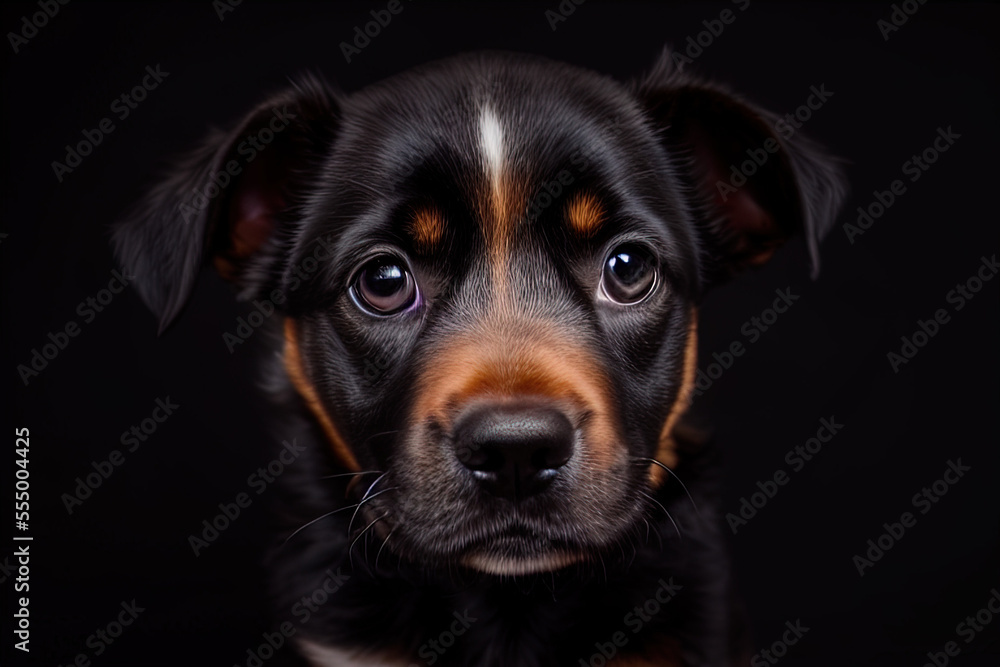 photography a close up of a puppy's face on a black background,big eyes, lucid eyes