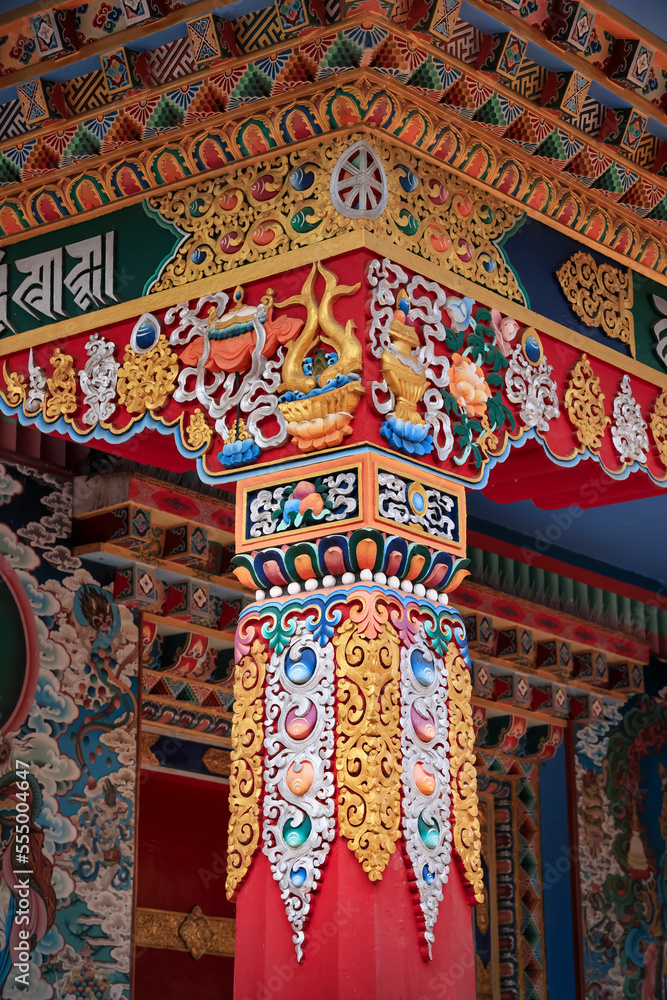 Exterior architecture of Namdroling Monastery in Kushal Nagar, Coorg, India.