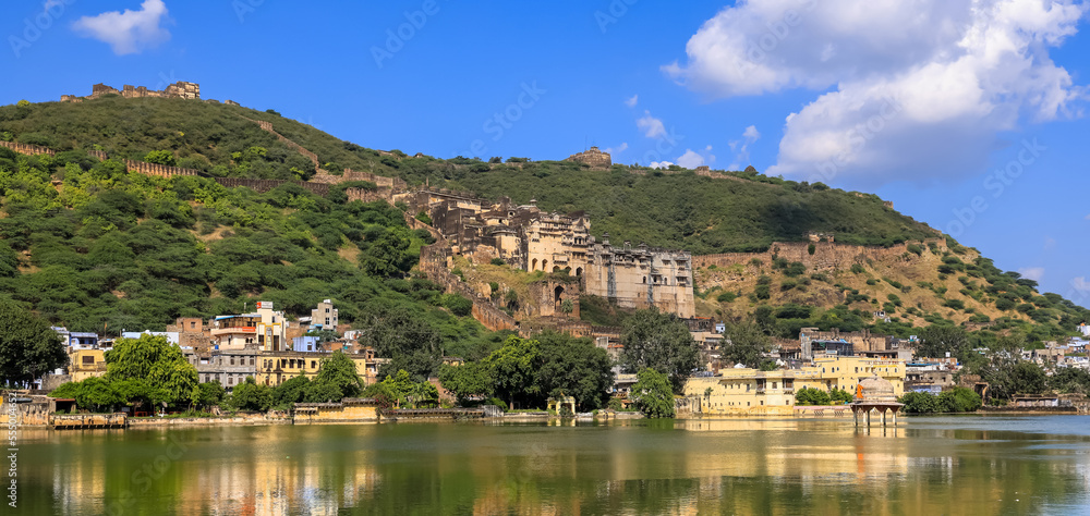 Historic Bundi cityscape,Historic Taragarh Fort is gigantic architecture nestled in Bundi city, Rajasthan, India.