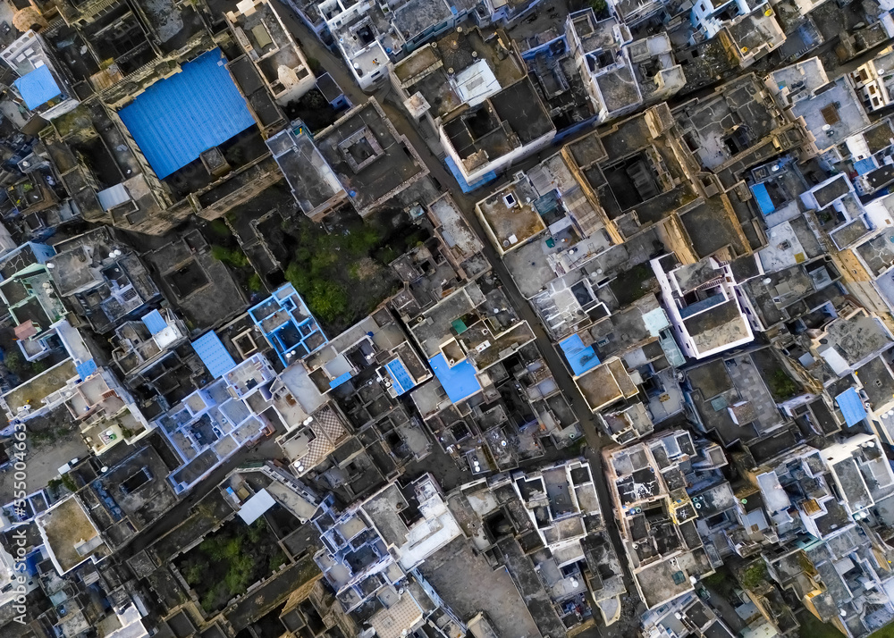 Top down view of typical homes in Bundi town, Rajasthan , India.