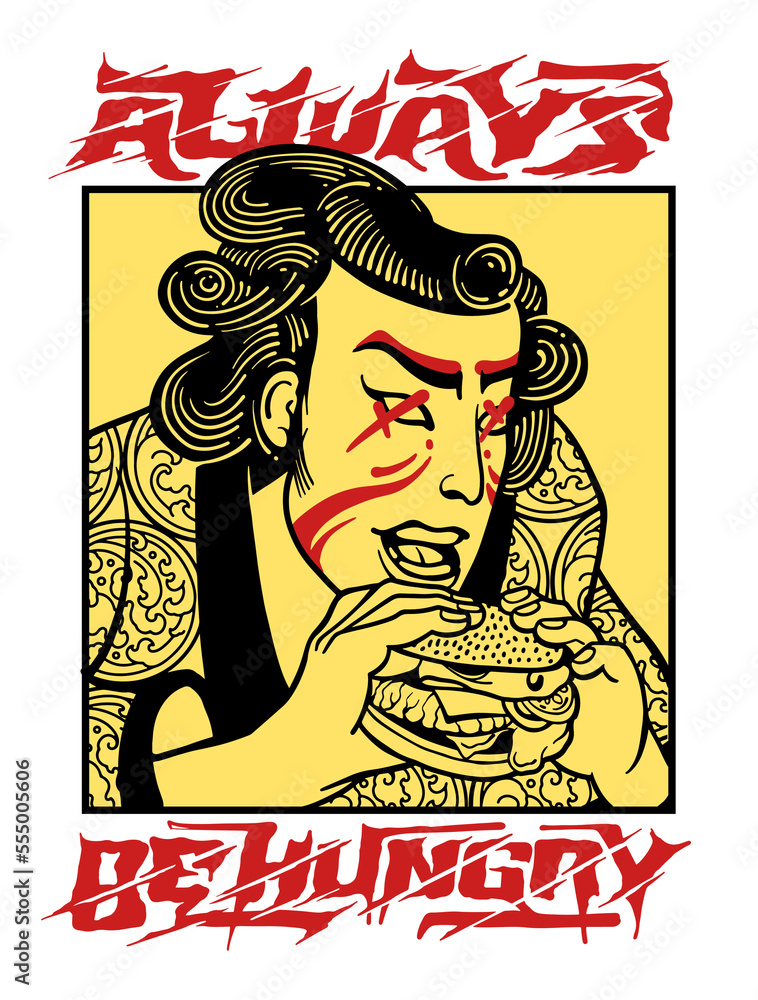 Fototapeta premium The samurai is depicted in traditional attire while enjoying a burger. This illustration highlights the potential for elements from various eras and cultures to coexist in unexpected ways