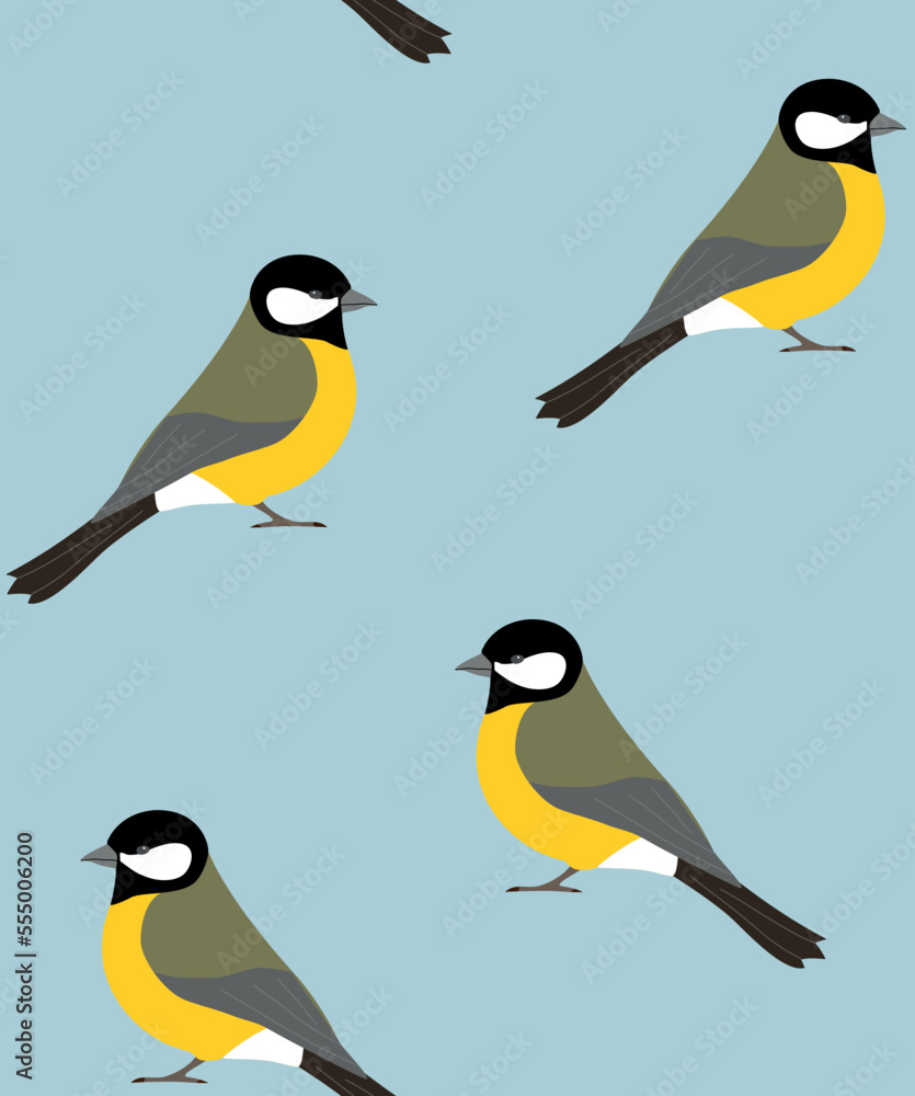 Vector seamless pattern of flat hand drawn tit bird isolated on blue background Vector seamless pattern of flat hand drawn tit bird isolated on blue background