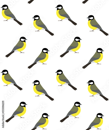 Vector seamless pattern of flat hand drawn tit bird isolated on white background
