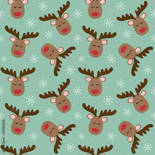 Vector seamless pattern of flat hand drawn Christmas deer face isolated on mint background