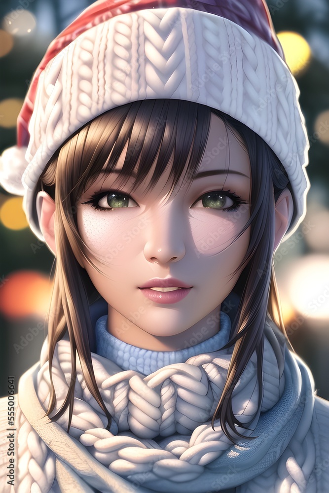 Beautiful woman portrait in front of a winter christmas tree Knit Turtleneck fleece Hat scarf in anime style digital painting illustration Beautiful woman portrait in front of a winter christmas tree Knit Turtleneck fleece Hat scarf in anime style digital painting illustration