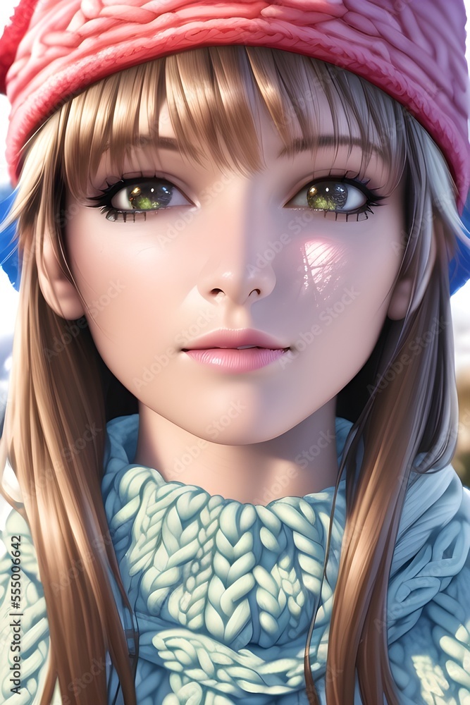 Beautiful woman portrait in front of a winter christmas tree Knit Turtleneck fleece Hat scarf in anime style digital painting illustration Beautiful woman portrait in front of a winter christmas tree Knit Turtleneck fleece Hat scarf in anime style digital painting illustration