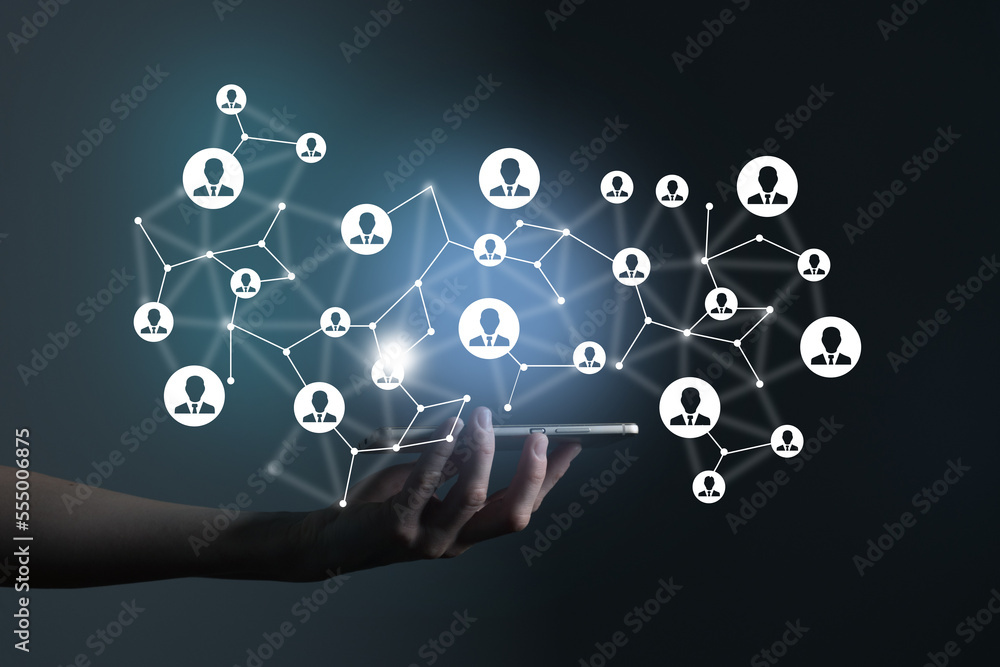 . Virtual visualization of network chain with person icons, female unrecognised manager on background. Human capital and teambuilding concept. . Virtual visualization of network chain with person icons, female unrecognised manager on background. Human capital and teambuilding concept.
