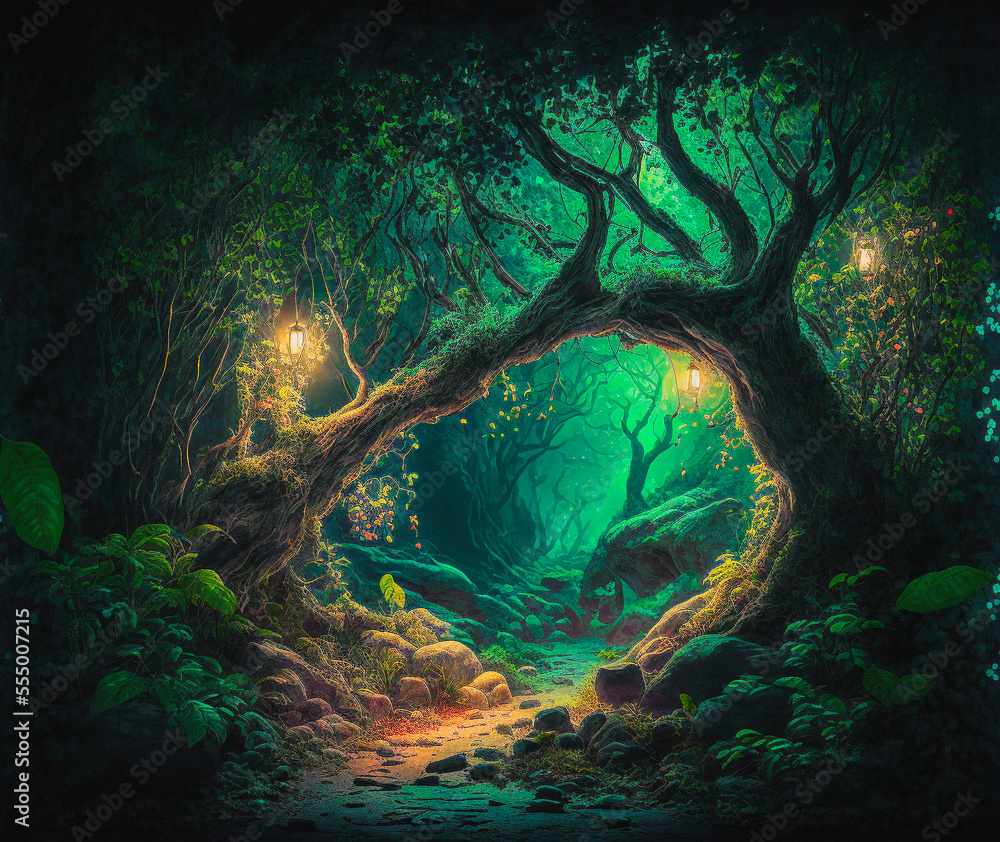 Hidden pathway under old trees in a fantasy winter landscape forest Hidden pathway under old trees in a fantasy winter landscape forest
