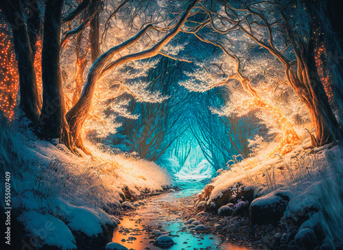 Pathway through old trees with magic lights in a fantasy winter forest landscape