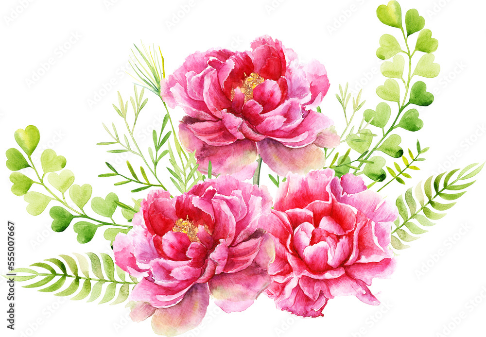 Watercolor Boho Peonies Flowers Red Plants Greenery Birds Rustic barrels Clipart for cards and posters