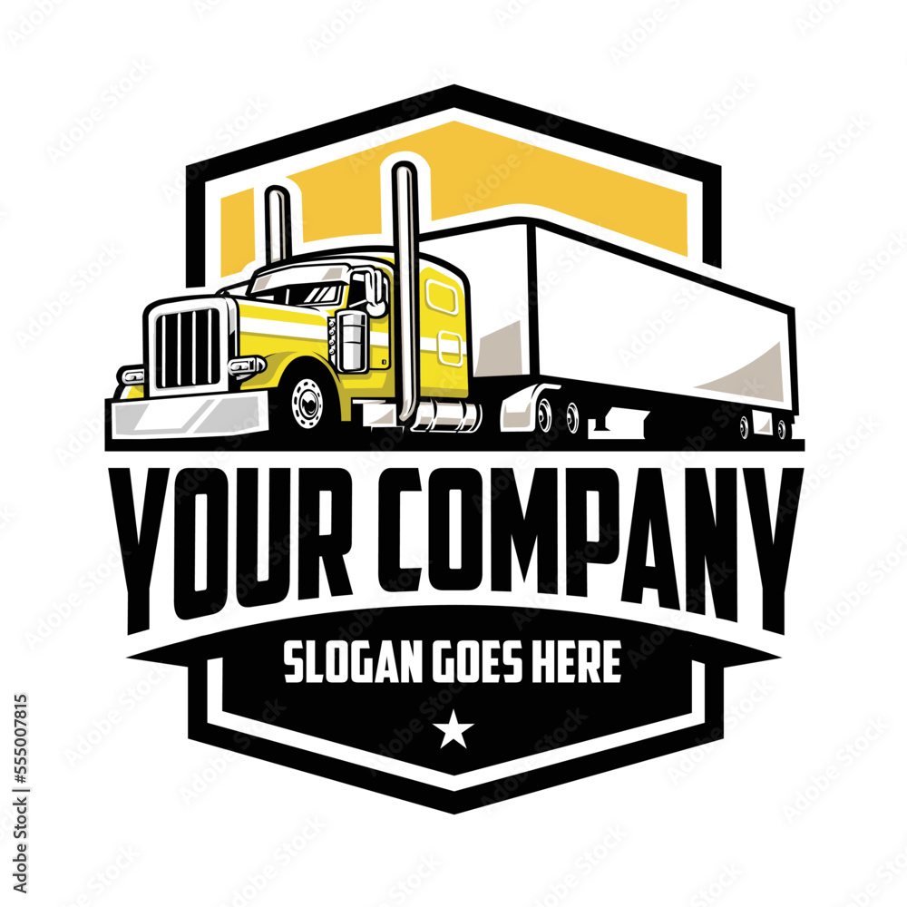 Trucking Company Logo Emblem Badge Vector Isolated. Yellow Semi Truck 18 Wheeler Truck Logo