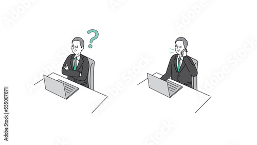 パソコンの前で腕組み・電話をするスーツのシニア男性のイラスト、ベクター