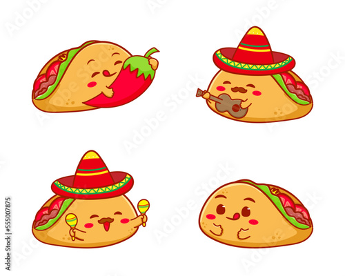 Cute taco cartoon character. Kawai food concept design. Tacos with hat, sombrero, maracas, guitar, and hot chili. Mexican Latin American traditional food. Isolated white background. 