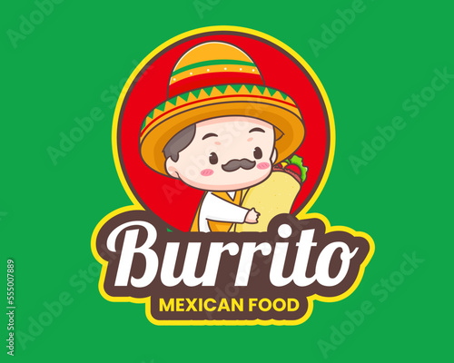 Cute Mexican chef with sombrero hat cartoon character. Burrito icon logo illustration. Mexican traditional street food.  photo