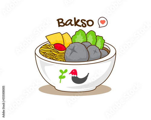 Bakso or meatball with Noodle and Vegetable logo icon. Flat cartoon style. Asian Food concept design. Indonesian traditional street food. Vector art illustration isolated white background