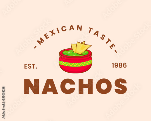Nachos logo illustration. Nacho with a bowl of avocado guacamole sauce cartoon vintage retro vector art. Mexican traditional street food.