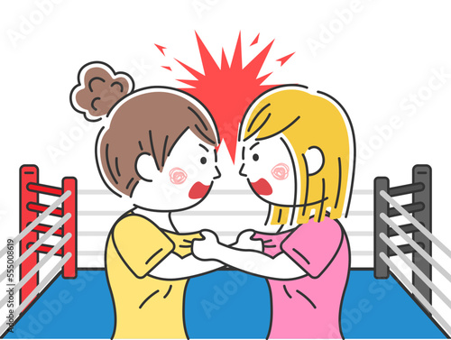 格闘技のリング上で、胸ぐらをつかみ合う、女性のイラスト